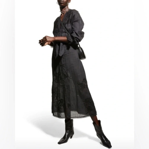 Veronica Beard Midi Dress Trina 4 Black Lace Floral Applique Button Front - Picture 2 of 15